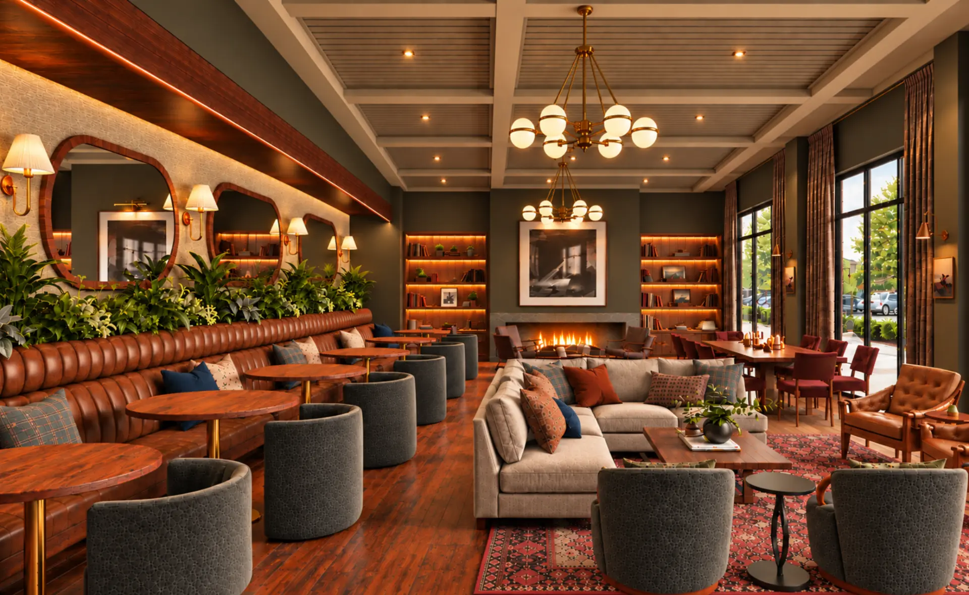 The Third Place Social Lounge — premium seating, warm lighting, community space