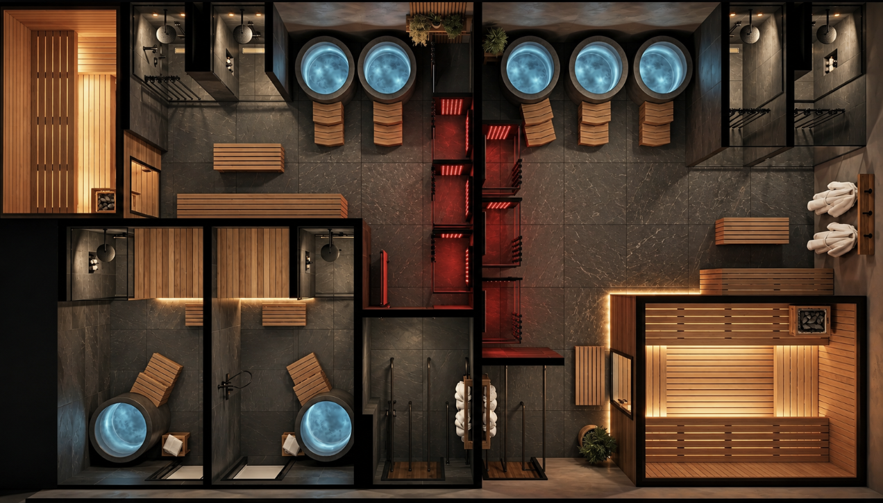 Recovery suites top-down view — saunas, cold plunges, red light therapy, and showers