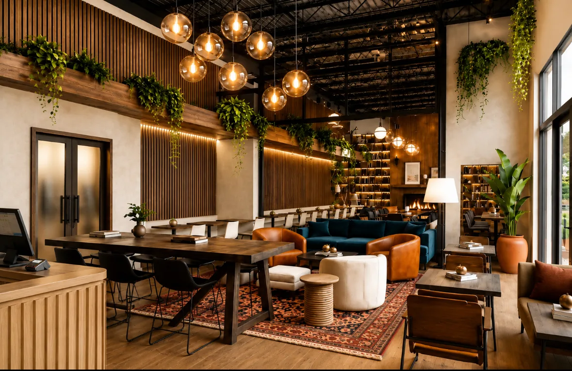 The Third Place Social Lounge — premium seating, warm lighting, community space