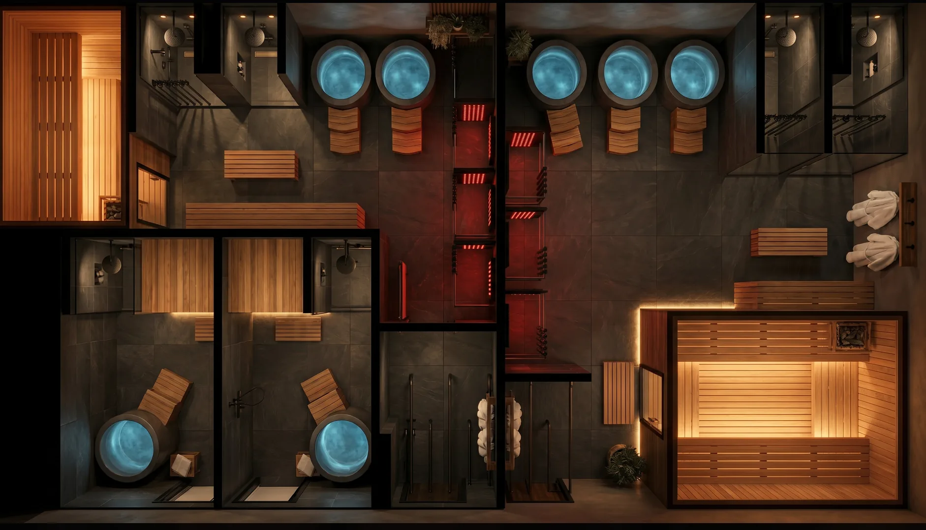 Recovery suites top-down view — saunas, cold plunges, red light therapy, and showers